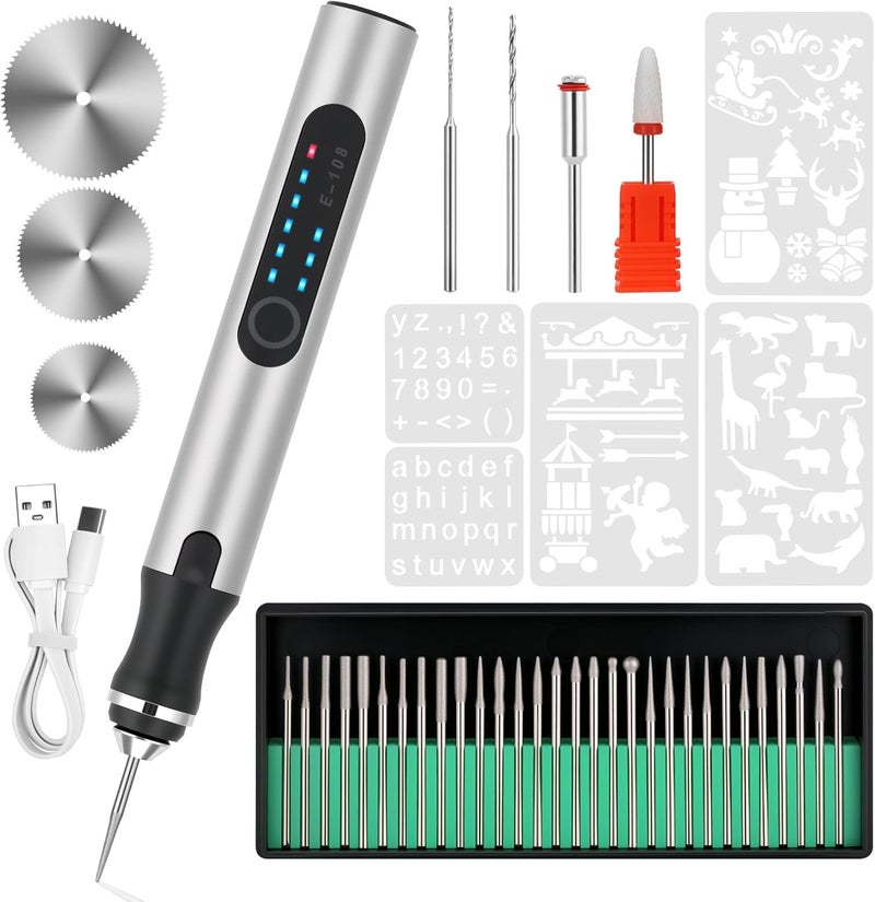 Timntts Electric Engraving Pen with 37 Bits, USB Rechargeable Cordless Etching Engraving Tool, Portable DIY Rotary Engraver for Jewelry Wood Glass Stone Carving (Silver) - Image 1